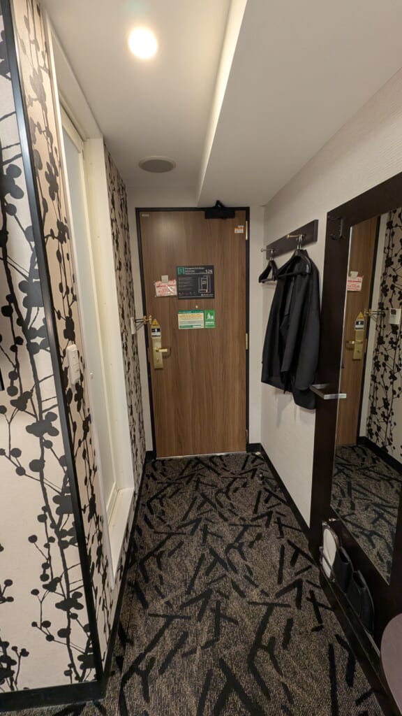 室内から見た玄関、姿見とハンガーフック
